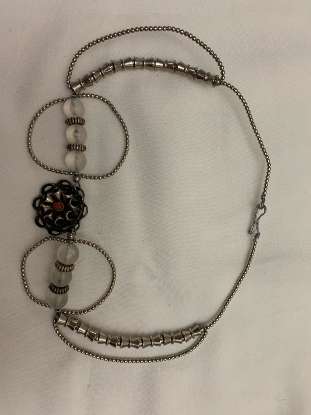 Festival Boho Silver Tone Handmade Beaded Pendant Necklace with White Beads